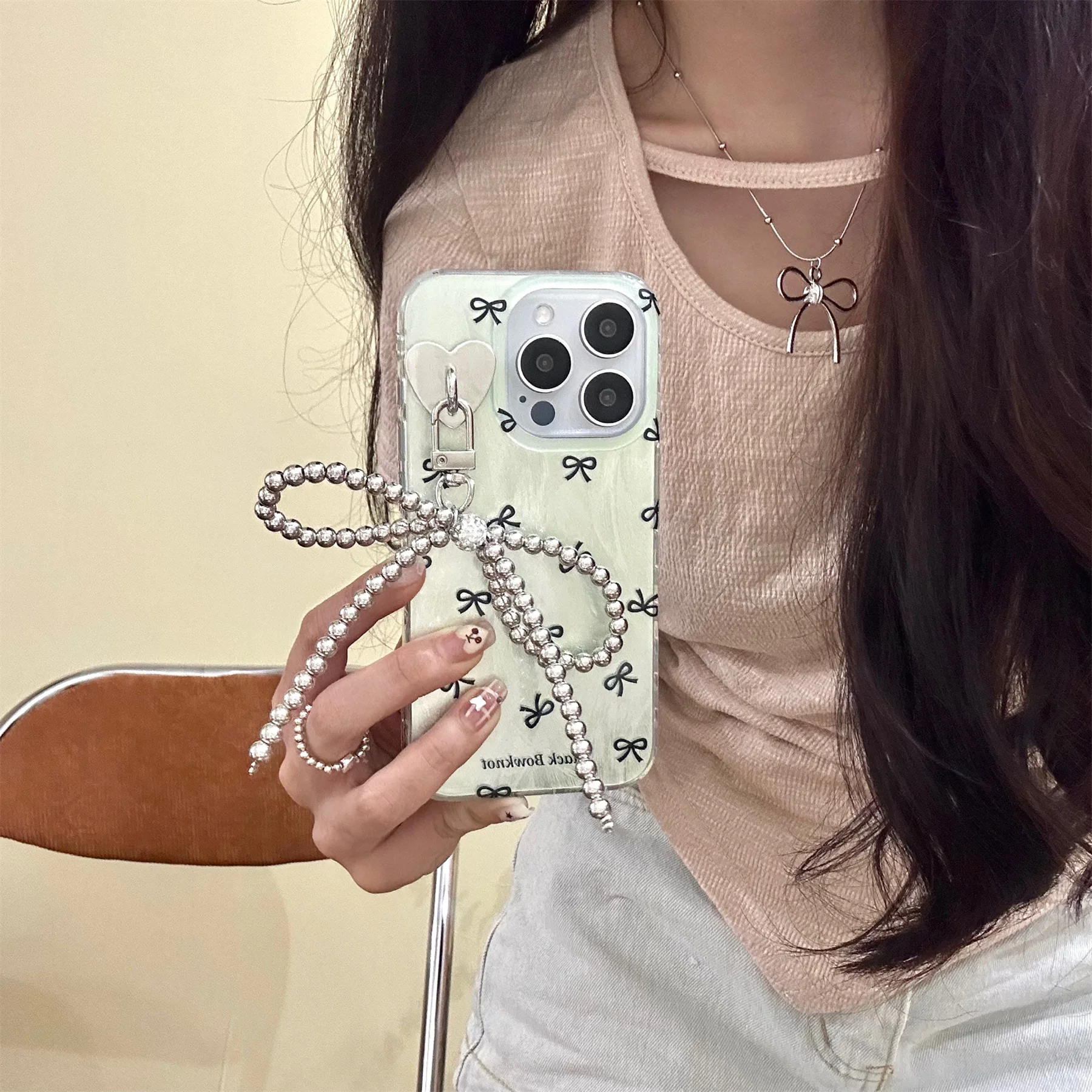 

Ins Korean Luxury Pink Green Love Bow Beads Bracelet Case for iPhone 15 14 13 12 11 Pro Max Shockproof Back Cover For Girl Gift