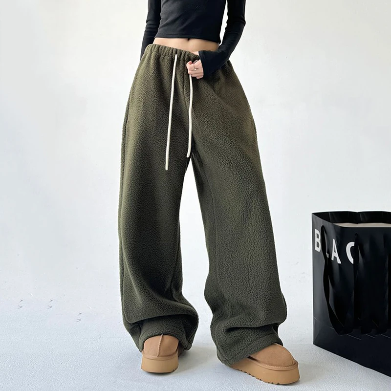 Faux Lambswool Warm Wide-Leg Pants Women Y2K Winter Chic Thick Drawstring Joggers Female Solid High Waist Loose Sweatpants New