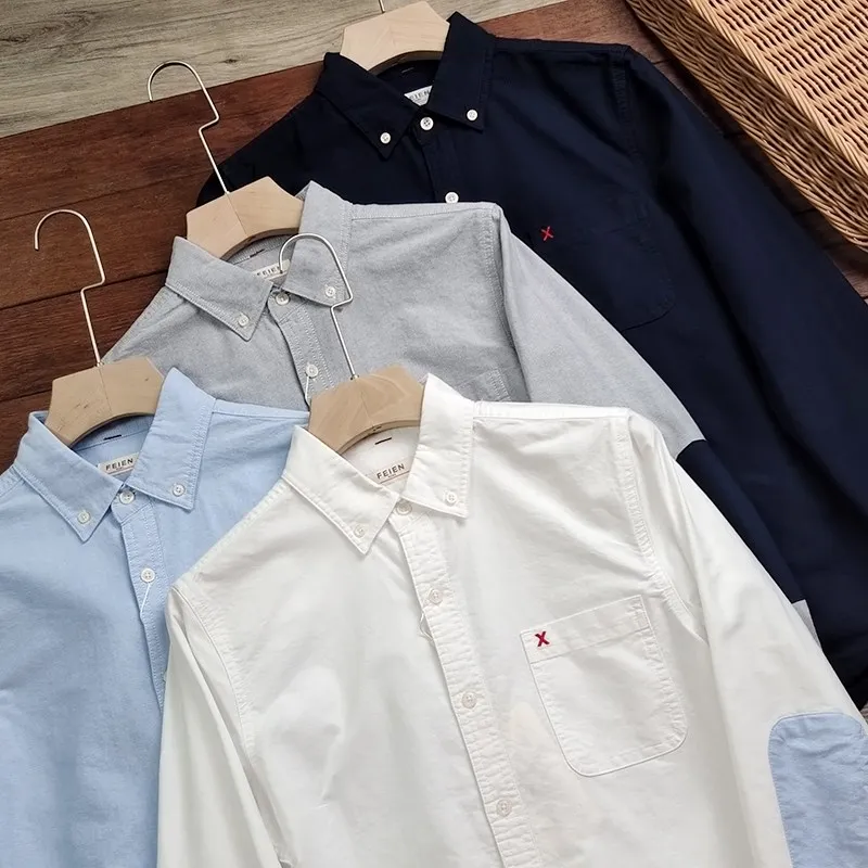 

Новая весенняя мужская рубашка из оксфордской ткани с эффектом потертости, приталенного кроя, с нашивками на локтях, универсальная, модная, городская, с длинным рукавом