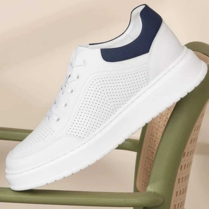 Korean Style Hollow Punching Breathable 7cm Height Increasing Board Shoes Men's Genuine Leather Outdoor Sports Casual Sneakers