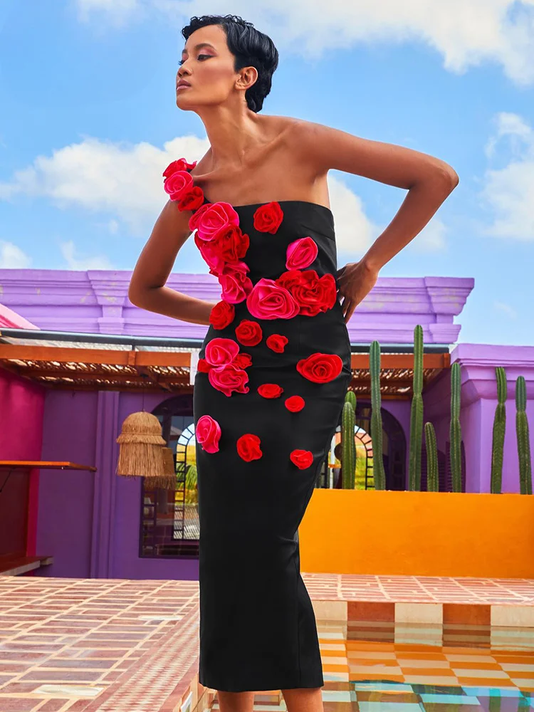 

2024 Summer Holiday Dress for Women Sexy One-Shoulder Flower Appliques Black Bodycon Bandage Midi Dress