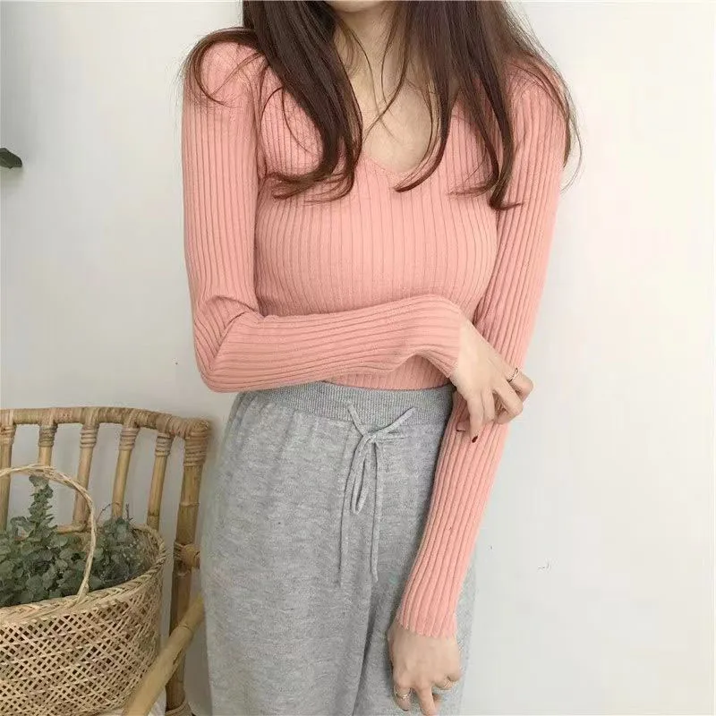 Xpqbb Solid Bottoming Sweater Women Casual Basic V-neck Long Sleeve Knitting Sweaters Woman Autumn New Wild Slim Ribbed Pullover