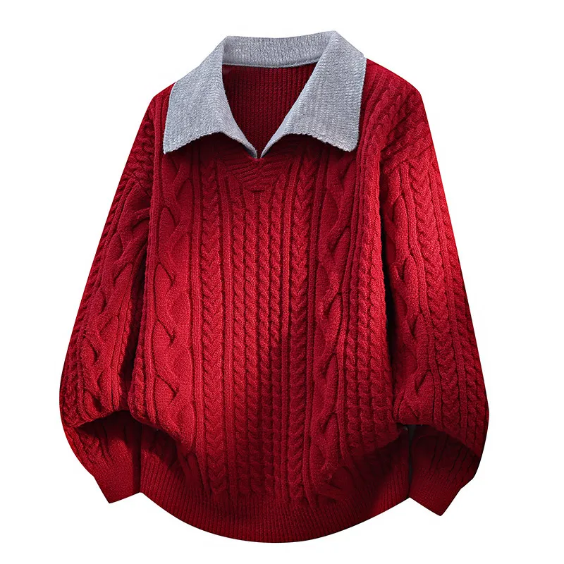 

Новинка 2025 года, мужской вязаный свитер для пар, зимний модный воротник, красная повседневная одежда для молодежи и взрослых