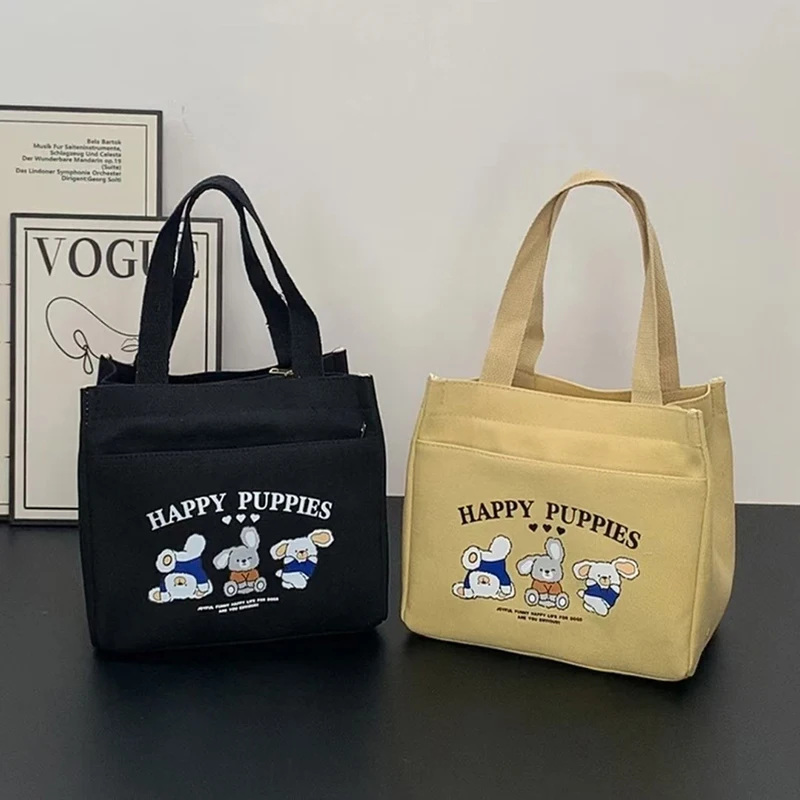 Cartoon Happy Puppies Picnic Tote Bag Canvas Large Capacity Handbag Office Worker Lunch Storage Food Bags