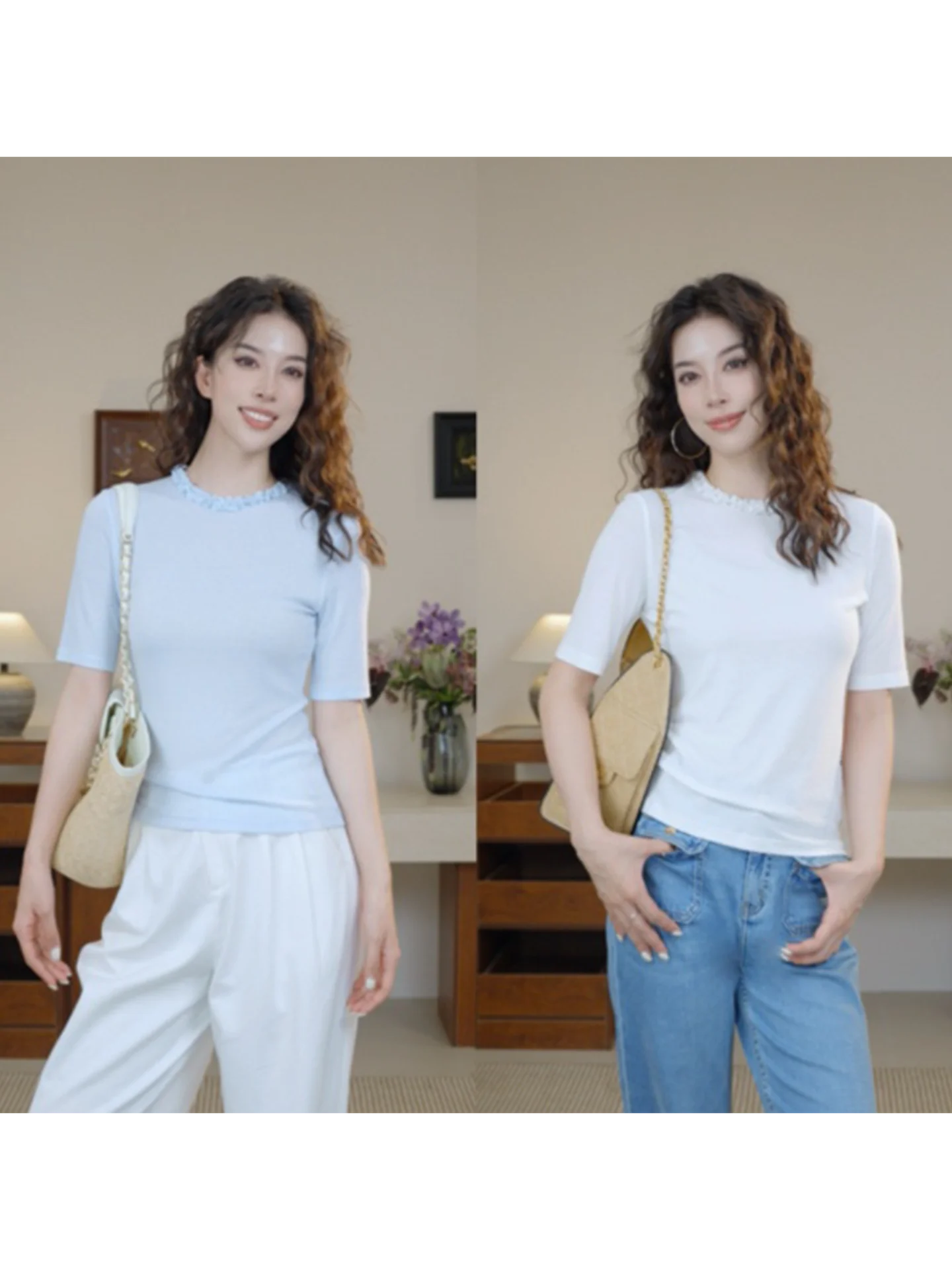 

Nana High DMX Gentle Breeze Ruffle Collar Knitted T-Shirt Women's Spring Summer Slim Fit Short Sleeve Top Classic Style Regul...