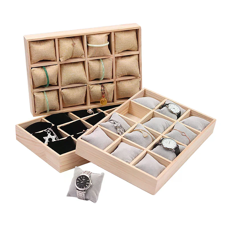 

Solid Wood 12 Digit Pillow Plate Watch Jewelry Bracelet Storage Display Case Organizer With Removable Flannel Pillows