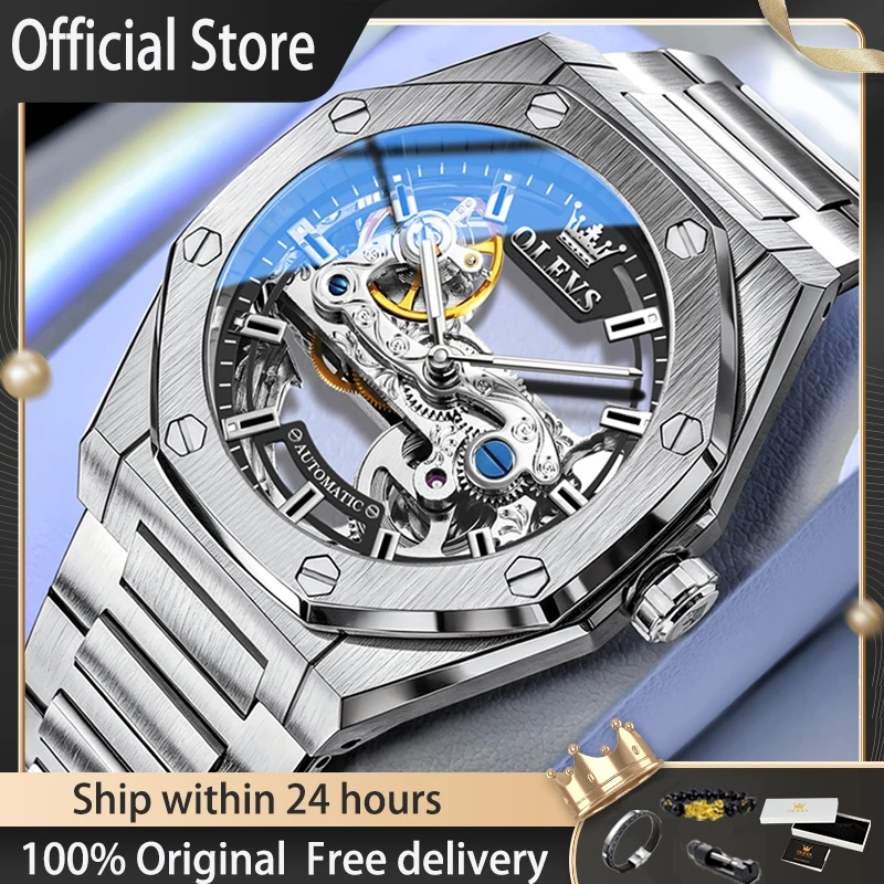 OLEVS Luxury Sport Octagon Skeleton Automatic Mechanical Watch Men Stainless Steel Waterproof Luminous Business Wrist Watch 6742
