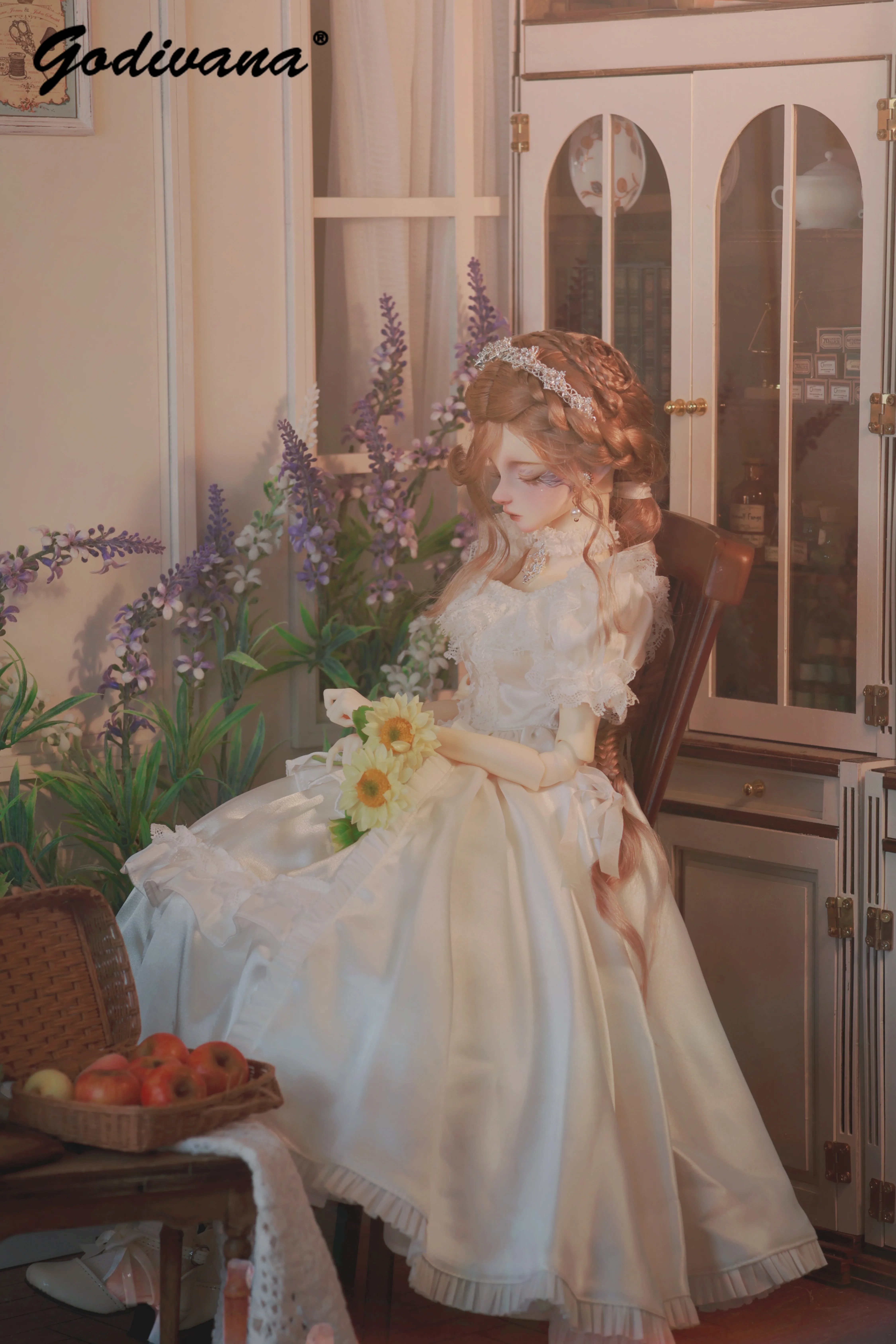 1/4 BJD Doll Clothes Vintage Elegant Princess Lolita Gown Satin Lace Ruffle Puff Sleeves Maxi Dress with Necklace Headband Set