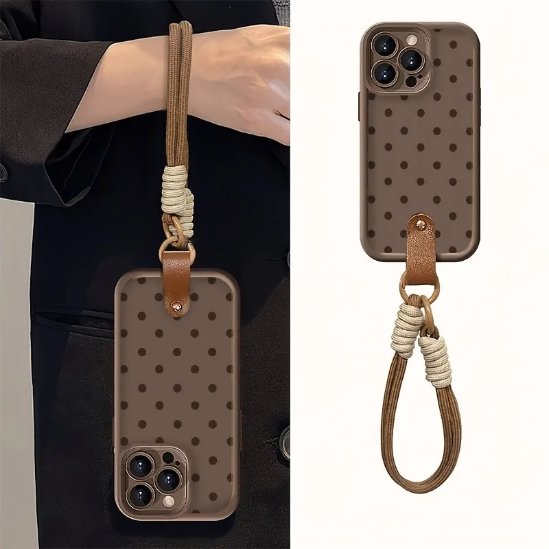 Braunes Polka-Dot-Lanyard-Handyhalterungsseil für iPhone 14 15 16 17 Pro Max 14 13 12 Pro Plus Stoßfeste Matte Silikonhülle – Detail 4