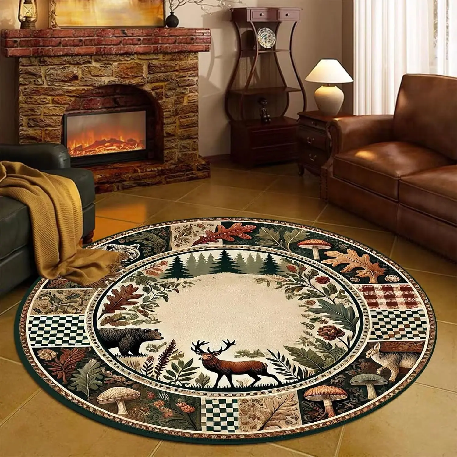 Forest Wildlife Patchwork Round Rug Deer Bear Mushrooms and Checkered Borders for Rustic Home