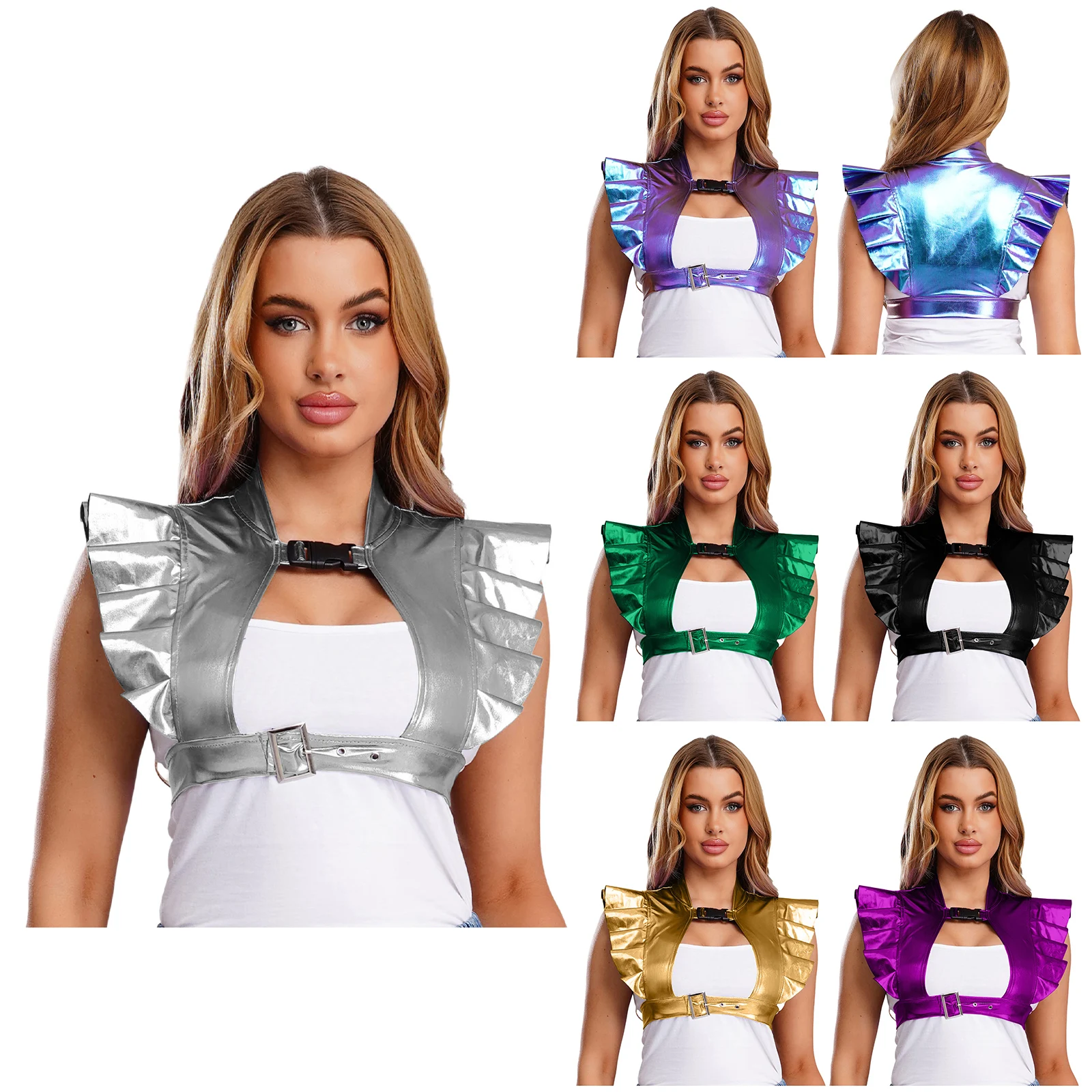 

Women Costume Accessory Shoulder Armor Ruffled Trim Front Cutout Adjustable Bottom Straps Crop Top Shrugs for Raves Party Dance