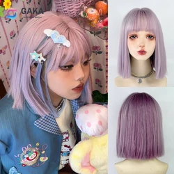 GAKA Purple Blue Mix Short Bob Straight Women Synthetic Wig with Bangs Lolita Cosplay Fluffy Hair Wig for Daily Party