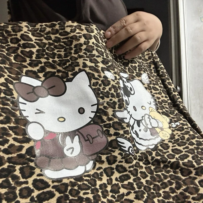 Sanrio Boho Hello Kitty American Leopard Print Shoulder Bag Y2k New Large Capacity Trendy Pattern Backpack Versatile Tote Bag