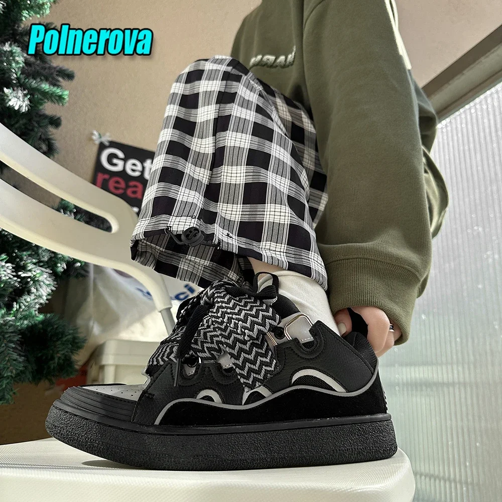 Black White Mixed Colors Couple Casual Sneakers Novelly Reflective Thick Sole Lace-Up Walking Shoes Breathable Women Men Shoes