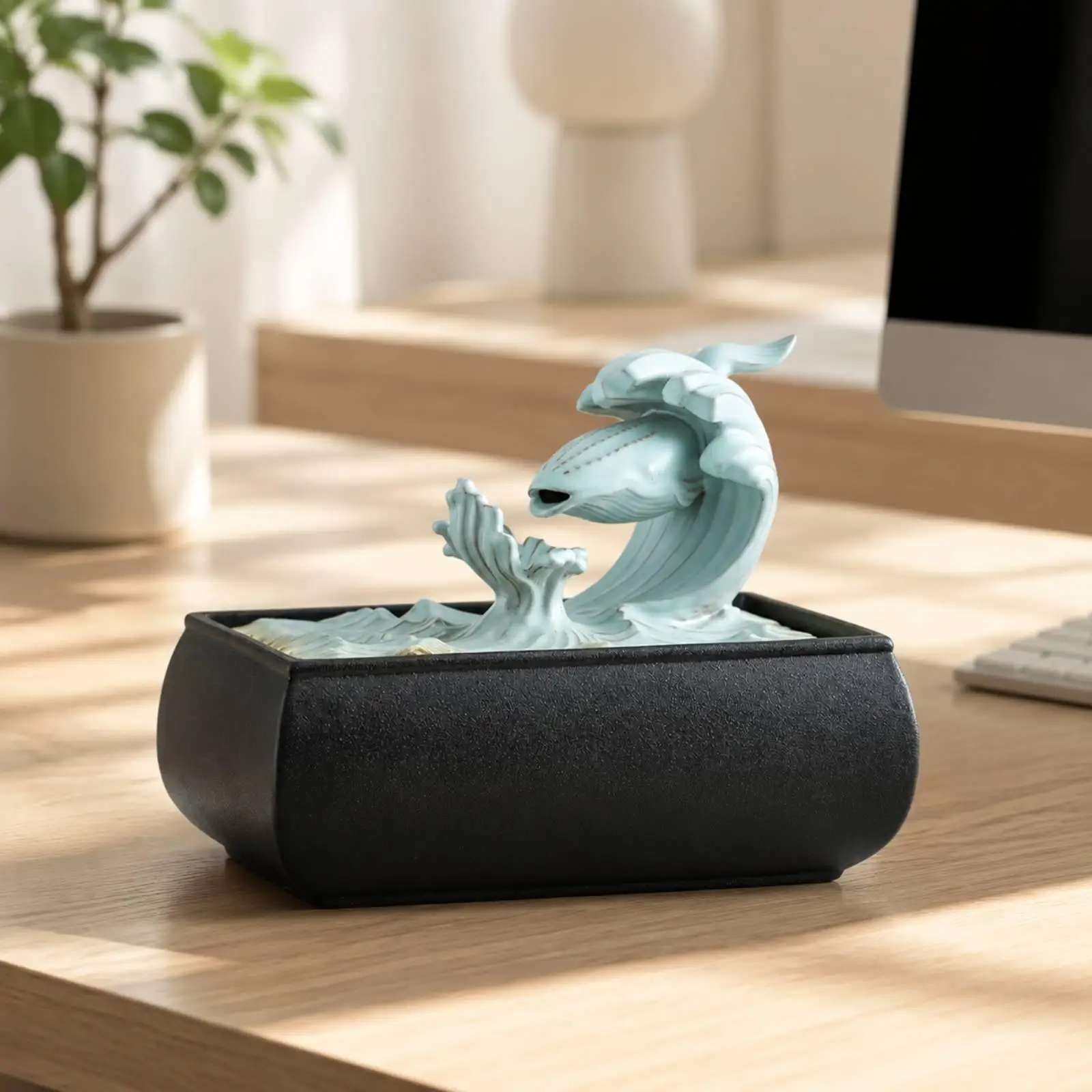 Small Ceramic Desktop Fountain Waterfall Decor with Recirculating Pump for Calm Workspace Ambiance
