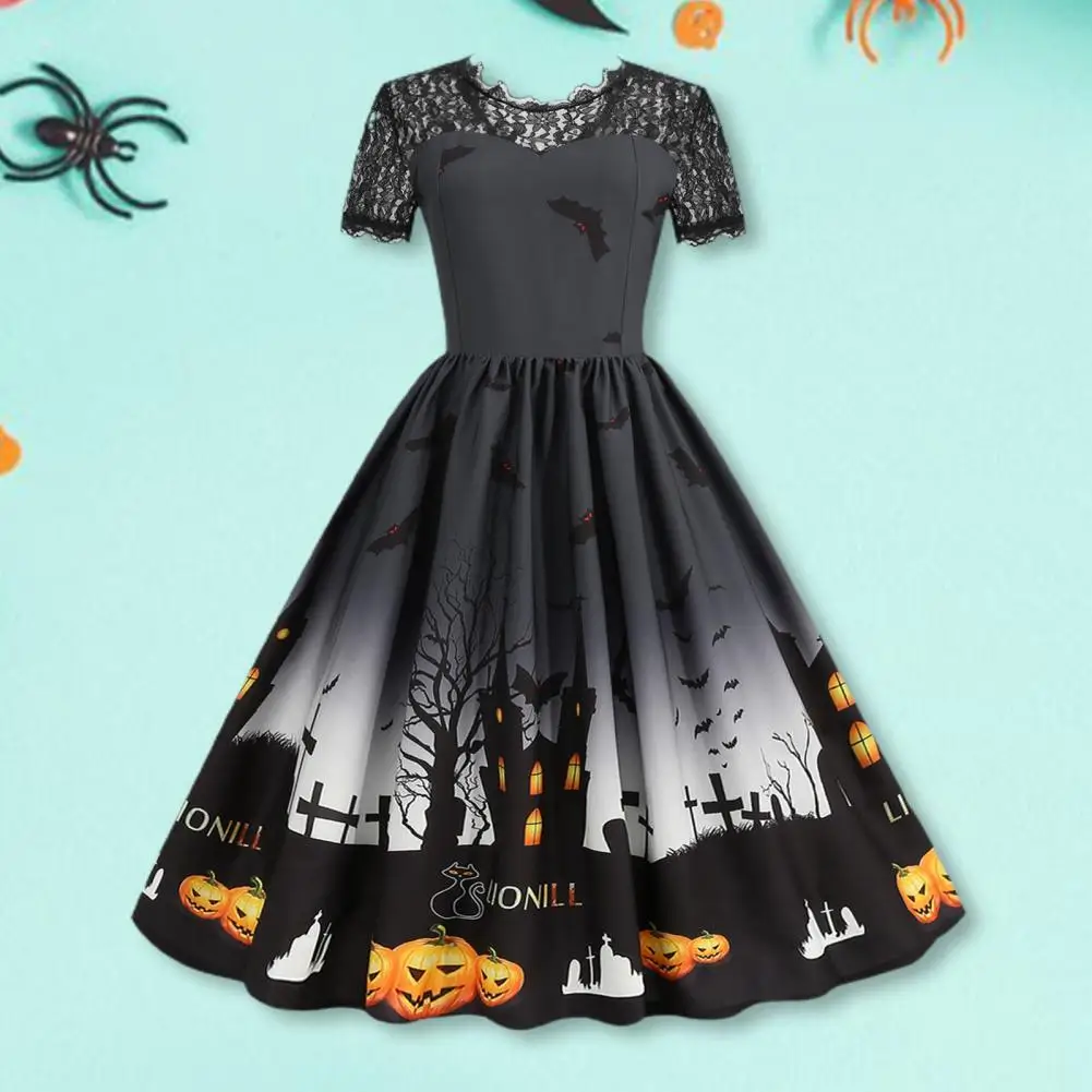 Women Halloween Party Dress Hollow Lace Round Neck Retro Big Hem Haunted House Bat Printed Short Sleeves Cosplay Evening Dress