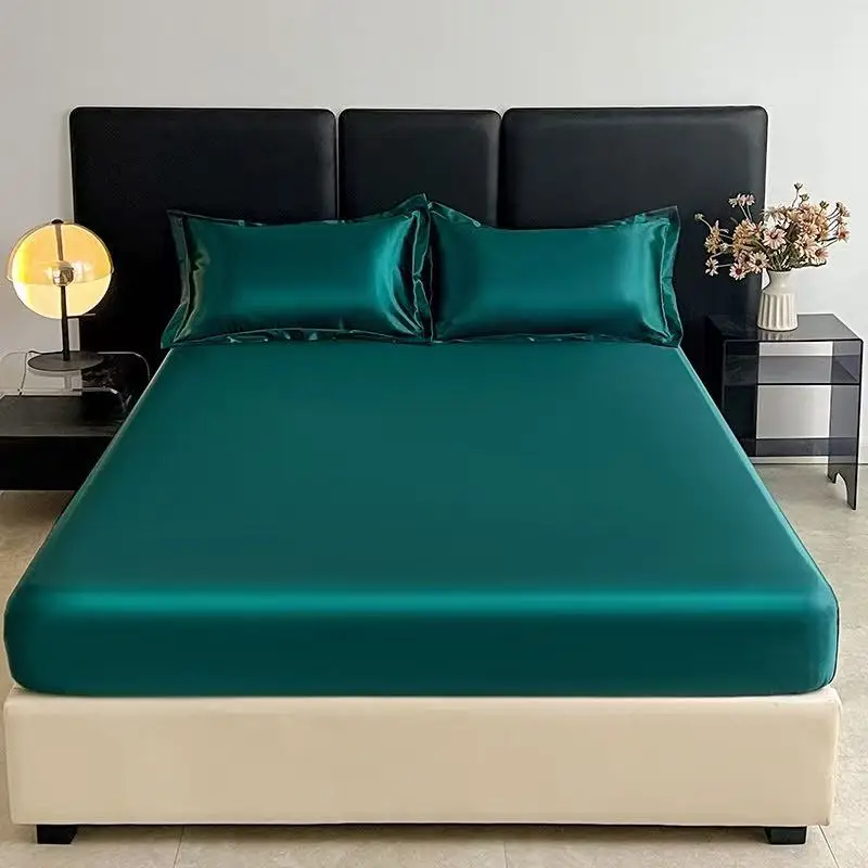 American Style Satin Elastic Fitted Sheet Solid Mattress Cover  for Single Double Couple King Queen Full Twin Bedsheet