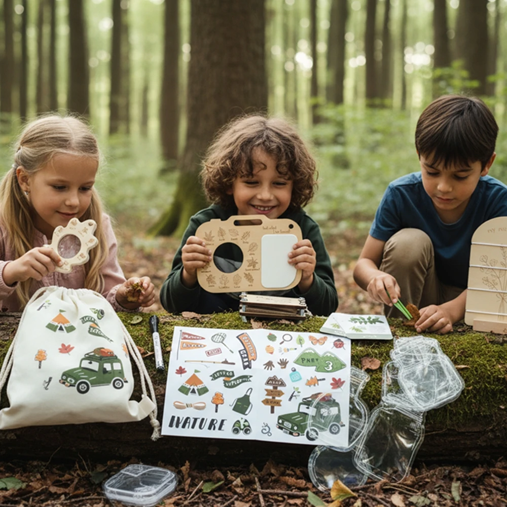 Montessori Toys Baby Outdoor Exploration Toy Set Wooden Recording Board Magnifying Glass Plant & Insect Identification Cards Kid