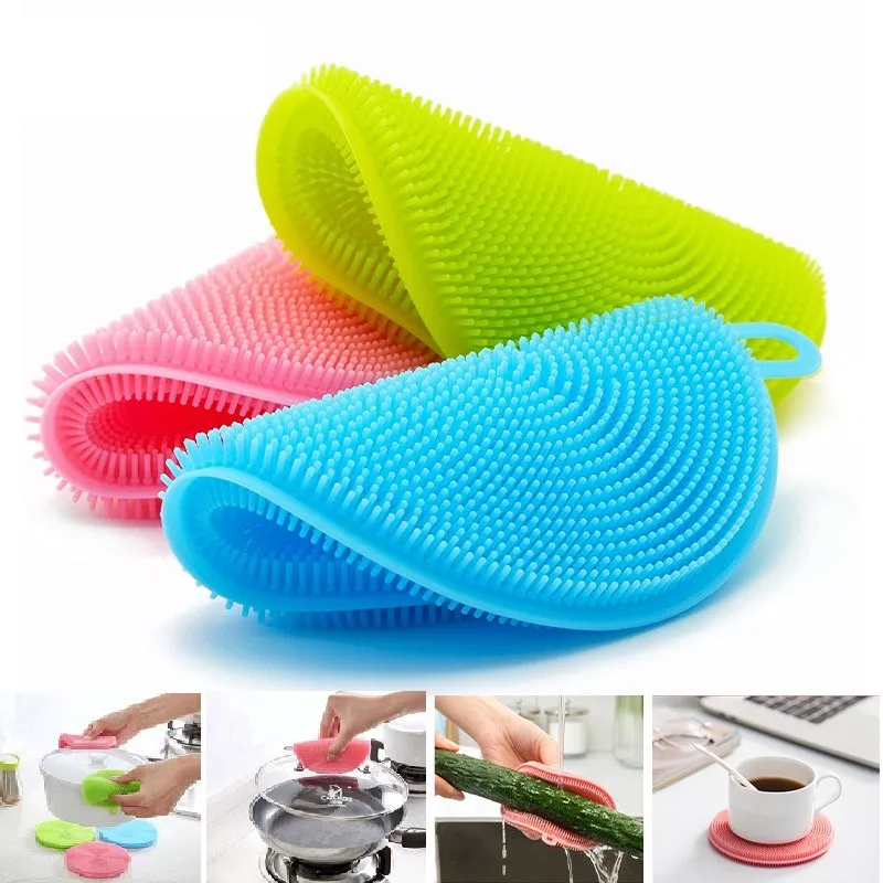 6Pcs Soft Silicone Scouring Pad Washing Sponge Reusable Kitchen Cleaning Dishwashing Brush Fruit Vegetable Brushes Table Mat