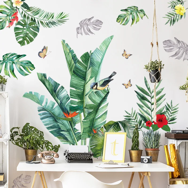 Tropical Green Plants Birds Wall Stickers Bedroom Living Room Sofa Background Home Decoration Art Mural Self Adhesive Wallpaper