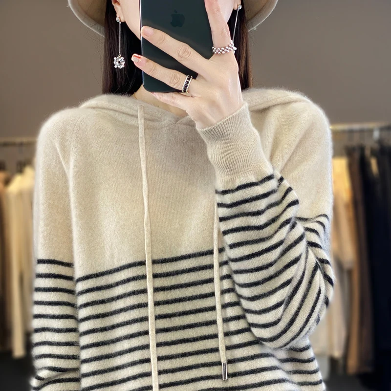 2024 Autumn Winter New 100% Australian Pure Wool Striped Autumn Winter Hoodie, Loose,Casual,Fashionable, Versatile, Thick Design