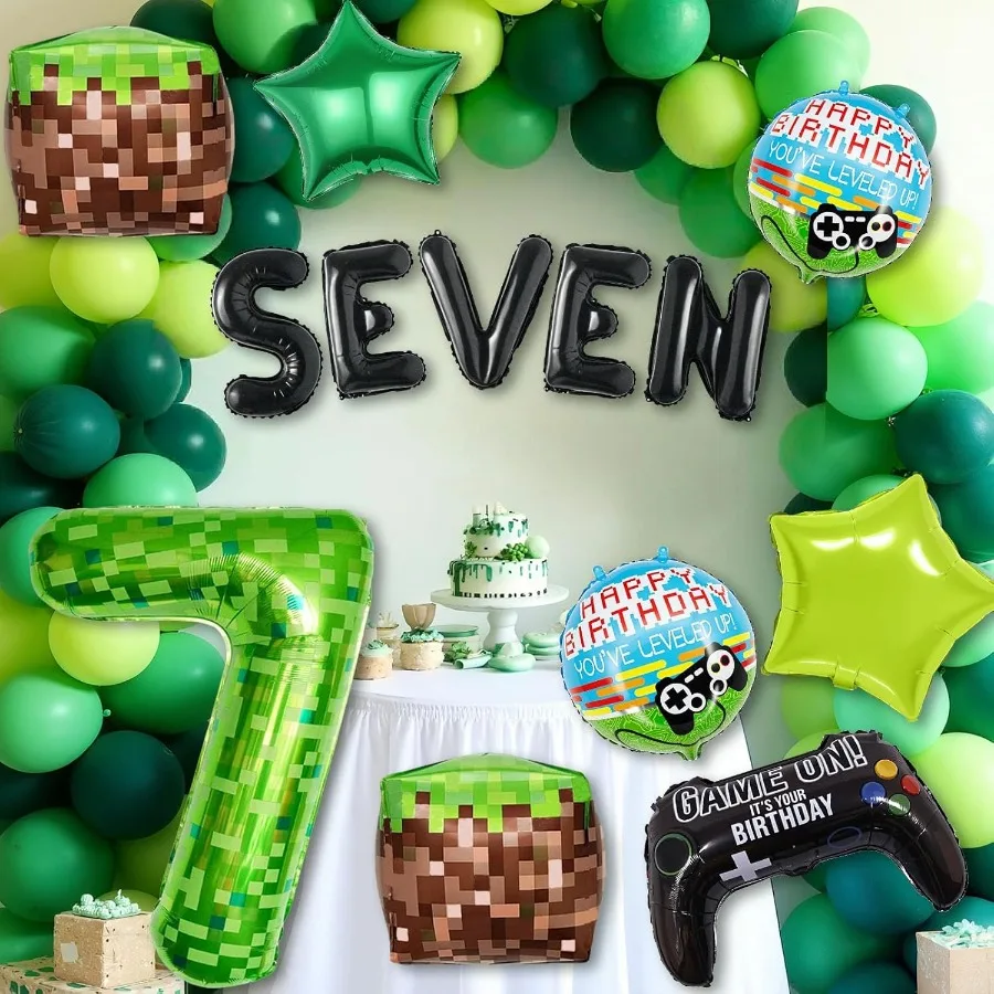 40-дюймовый набор воздушных шаров Green Pixel Miner Number 7, 13 шт., большие воздушные шары из фольги, металлические шары, украшения для тематических вечеринок для видеоигр