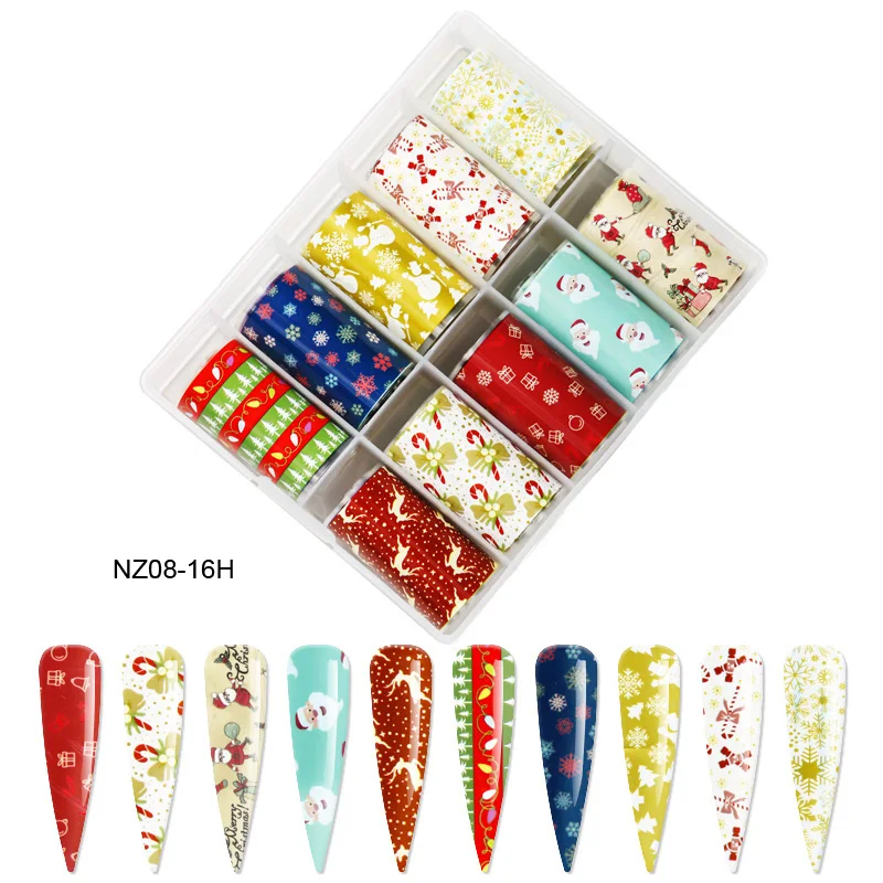 10 шт./кор., 100X4 см, смешанные красочные рождественские наклейки из фольги для ногтей, рождественская переводная бумага для ногтей со звездами, снежинки, лось, Санта, клейкая бумага *