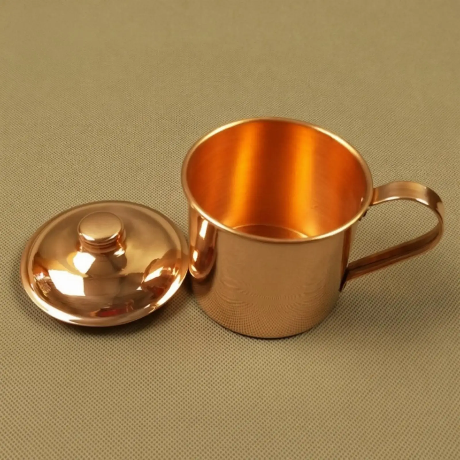 Handcrafted Solid Copper Mug with Lid for Traditional Table Setting and Everyday Drinkware
