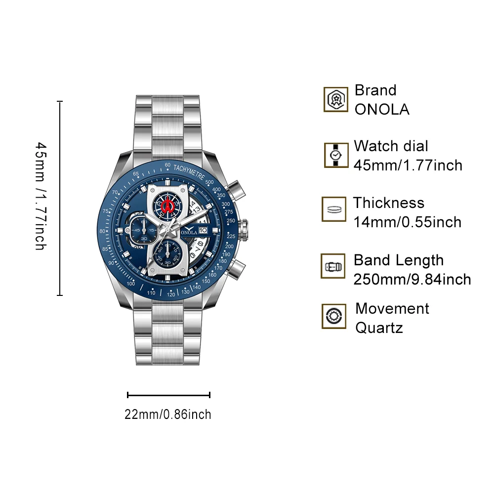 ONOLA Men's Stainless Steel Quartz Chronometer, Calendar, Fashion Waterproof Watch, Suitable for Daily Outdoor Activities