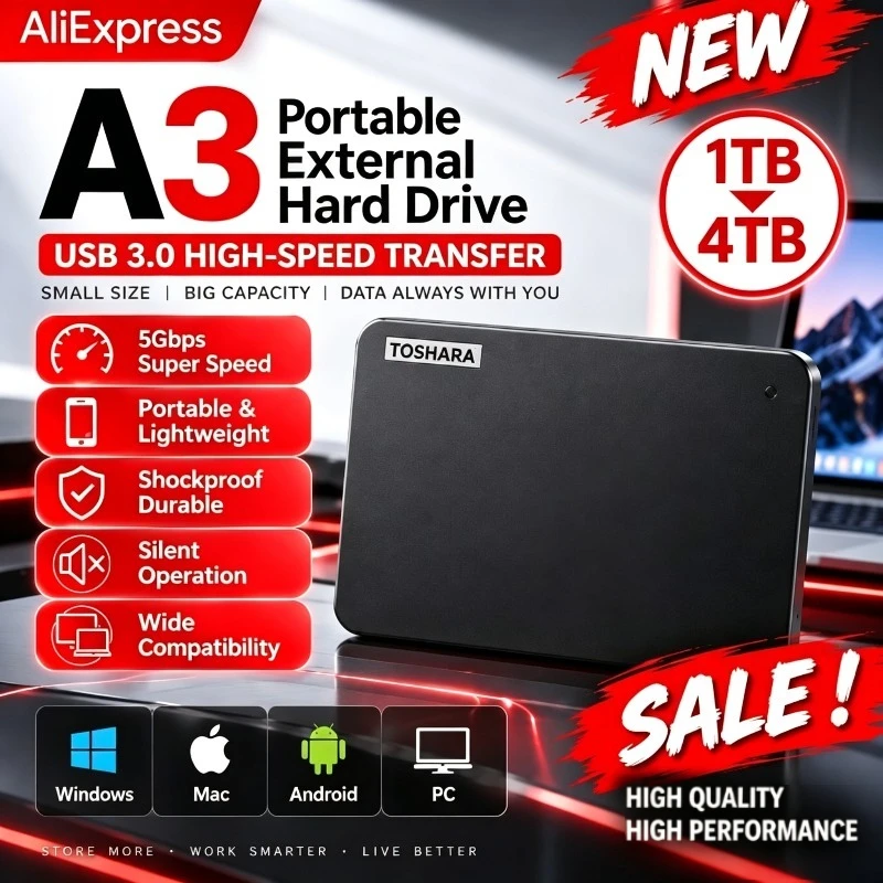 New Portable Hard Drive A3 SSD 500GB 1TB 2TB 4TB SSD Black External Hard Drive USB 3.0 Portable for Gaming Console Office Gift