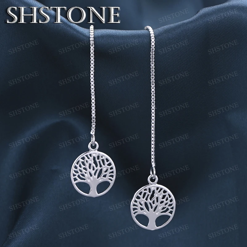 Pretty 925 Sterling Silver Exquisite Round Tree Long Drop Earrings For Women Fashion Party Wedding Jewelry Christmas Gifts Charm