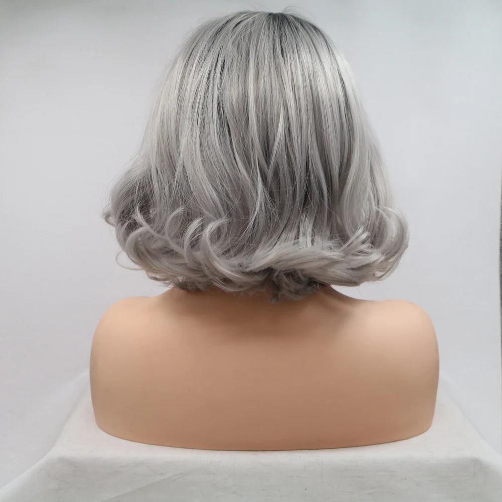 Melody Short Bob Wig Ombre Grey Lace Front Wig with Drak Roots Hair Heat Resistant Fiber for Women Cosplay 14inches