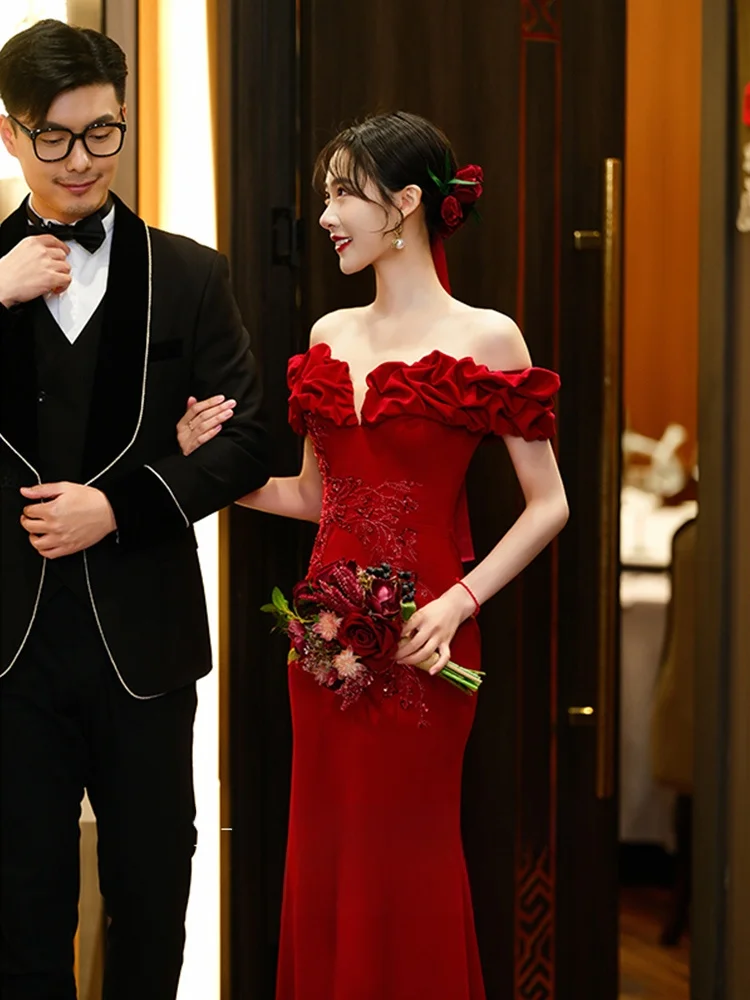 

Красное вечернее платье на одно плечо, свадебное платье-русалка с завышенной талией, на молнии, с коротким рукавом, длинное, качественное, модное, новинка 2026 года