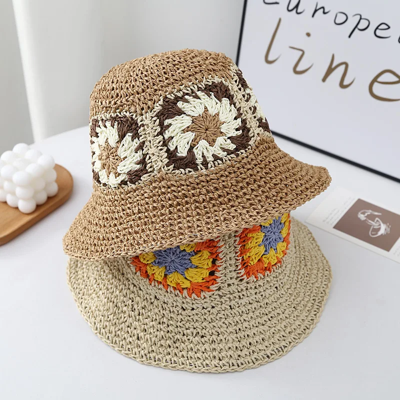 New Foldable Straw Crochet Flower Hat Women\'s Summer Outdoor Sun Bucket Hat Holiday Beach Hat Spring Fisherman Hats Wholesales