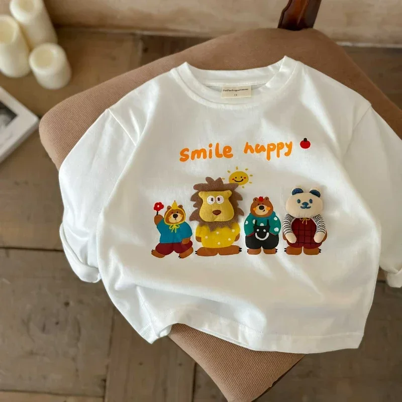 

2024 Kids Fall Clothes Baby Boys Girls Cute Cartoon Three-dimensional Lion Little Bear Doll T-shirt Kawaii Cotton Long Sleeve