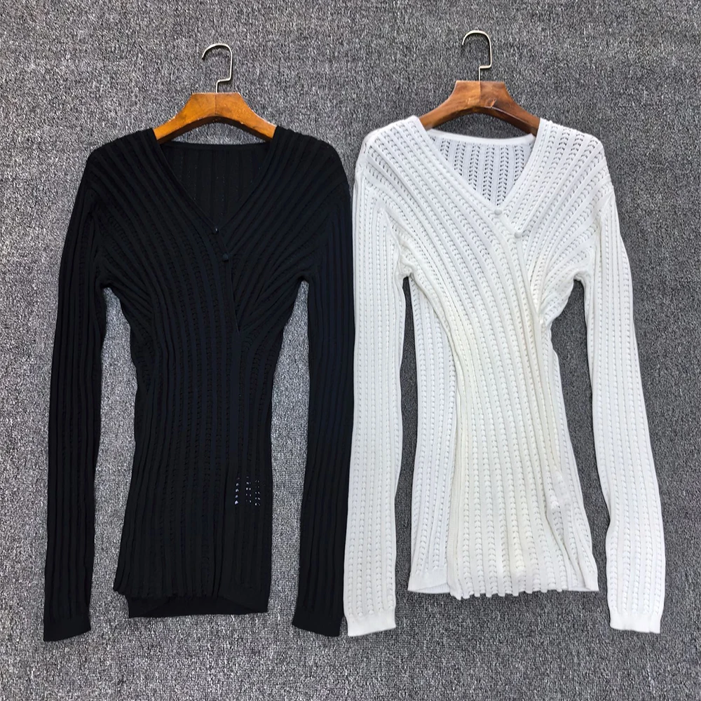 Women 100% Cotton Knit Long Sleeve Top V‑Neck Wrap Cross Hollow Out Ribbed Slim Fit Knitwear Elegant Casual Lady Blouse T‑Shirt