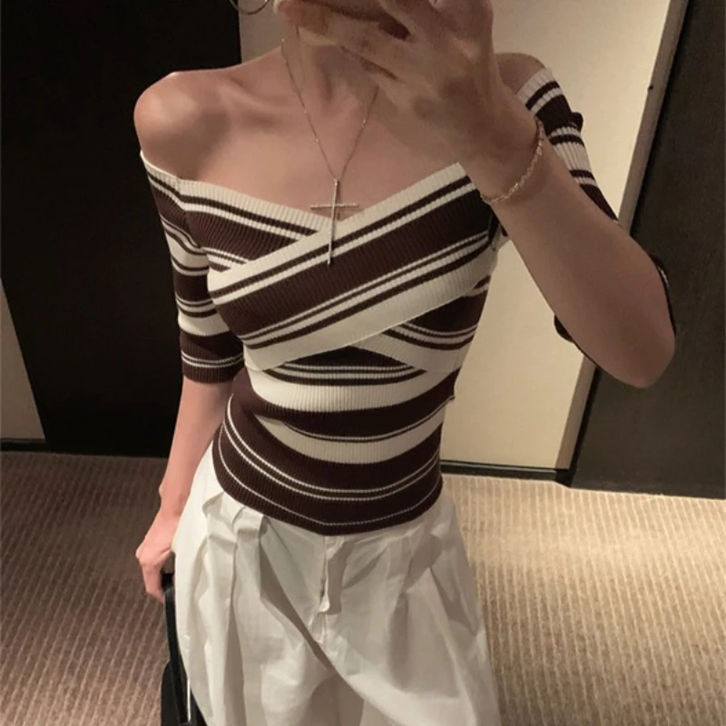 

Women Off the Shoulder Ribbed Knit Top Crisscross Wrap Front Striped Sweater Fitted Pullovers Spring Summer 2026 Suéter Ligero
