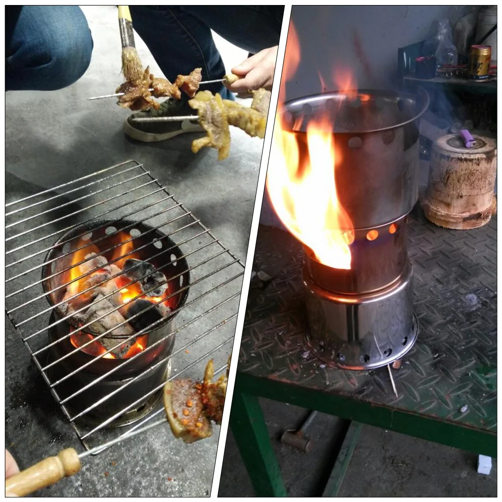 

Portable Outdoor Camping Furnace Stainless Steel Wood Burning Stove Large Bottom Hole Easy Installation for Hiking Picnic Bbq