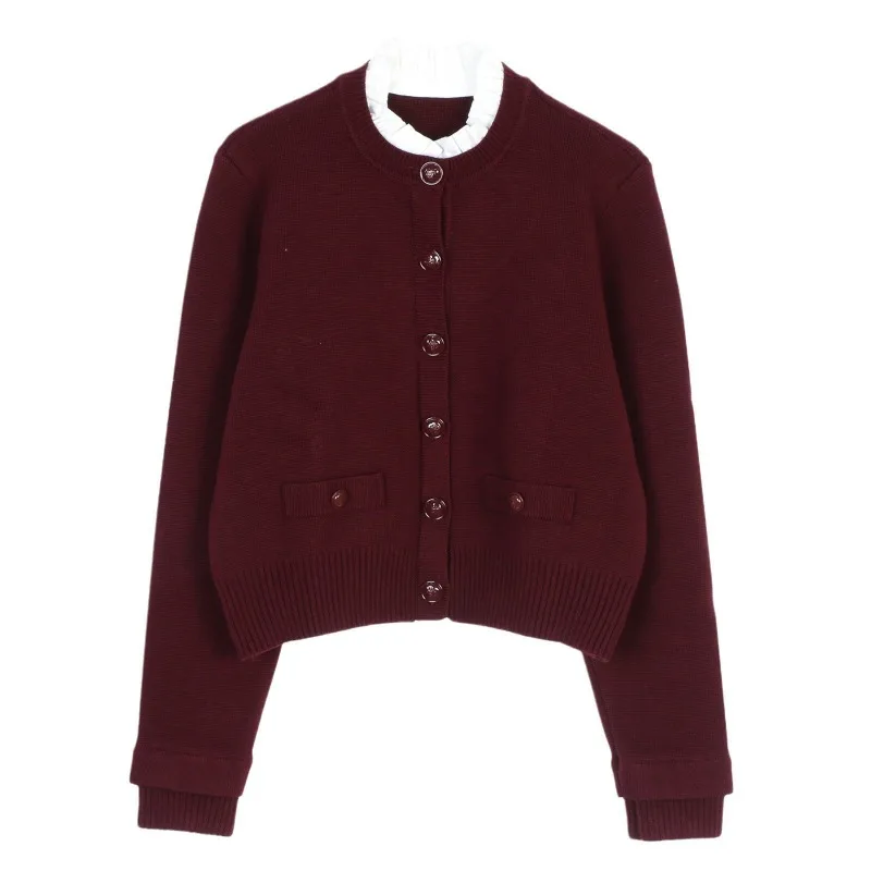 Wine Red Knitted Cardigan with Contrast Collar 2024 Autumn Short Sweater Coat Women Fashion Burgundy Cropped Cardigan Thick tops