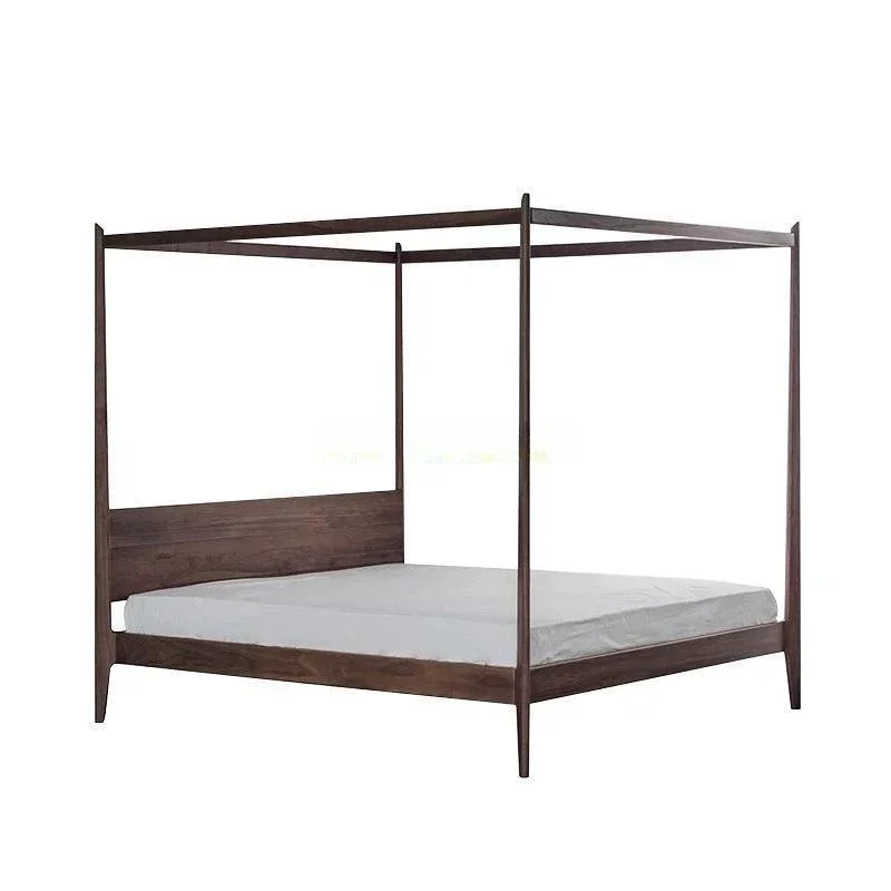 

Black walnut new Chinese shelf bed, four-poster solid wood log double bed 1.8 meters, inn hotel furniture