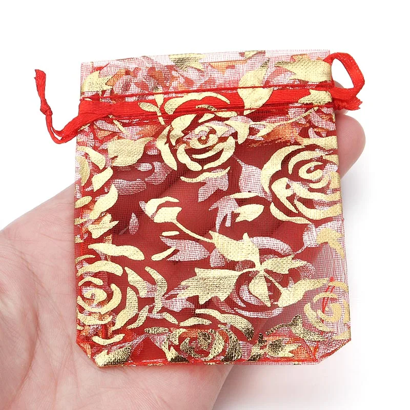 10Pcs/Lot Colorful Drawstring Organza Gift Bag Hot Gold Color Rose Print Pouches Wedding Christmas Party Candy Ornament Packing view 4