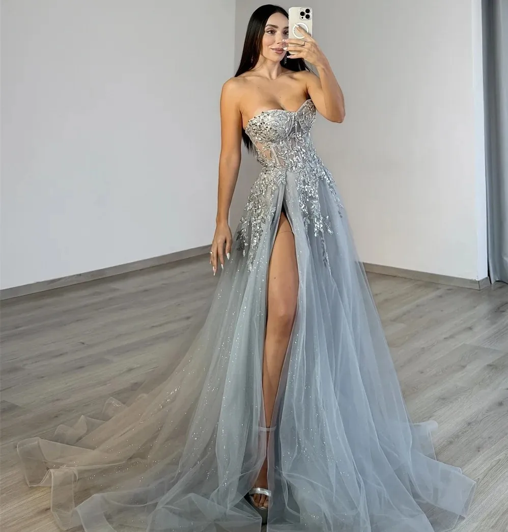 

Shinny Silver Evening Party Dress Strapless Sequinned Lace Appliques Silt Long A-line Prom Formal Gowns Robe De Soiree