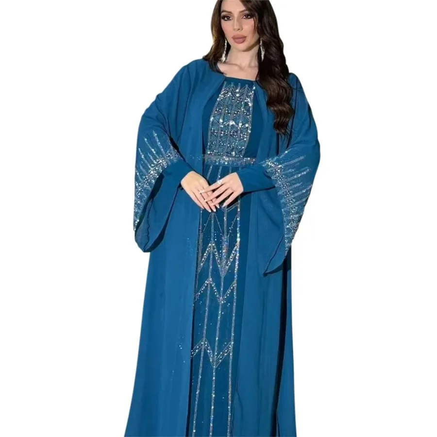 Abaya-Robe de soirée maxi à manches longues et col en V pour femmes musulmanes, vêtements caftan, tenues de soirée, mode de Dubaï, automne 2024