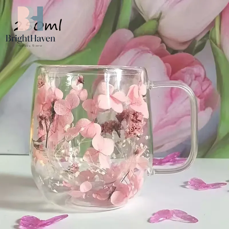 

1pc Double-walled Glass Coffee Mug With A Real Flower Design Inside, Suitable For Coffee, Milk, And Other Beverages B.H