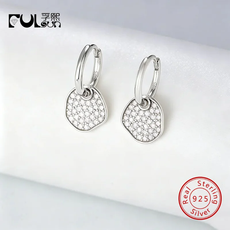 925 Sterling Silver 14K Gold Rhodium Plated Huggie Hoops Irregular Disc Full Paved CZ Dangle Women Daily Fine Jewelry