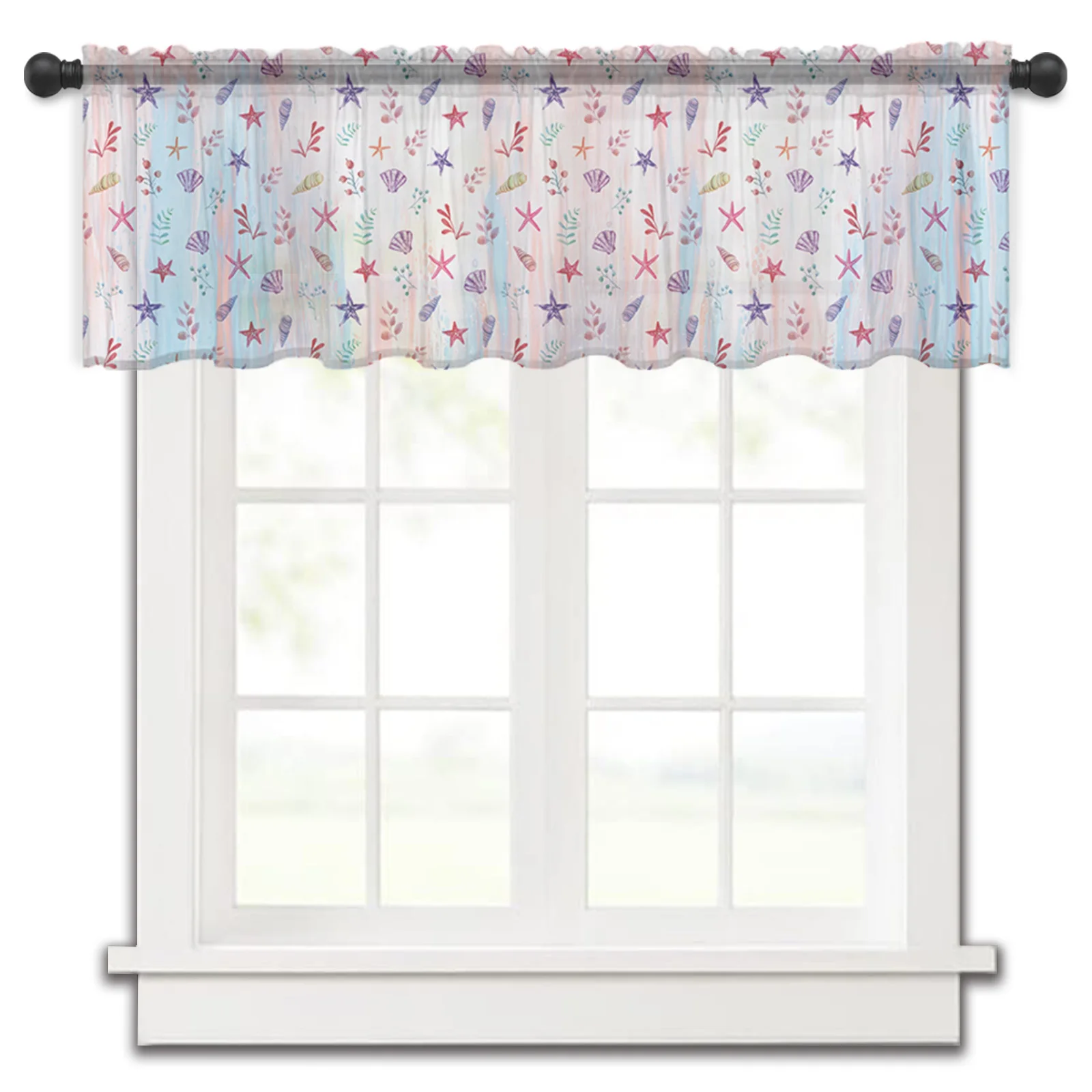 Flowers Leaves Gradual Shell Starfish Small Window Curtain Valance Sheer Short Curtain Bedroom Home Decor Voile Drapes