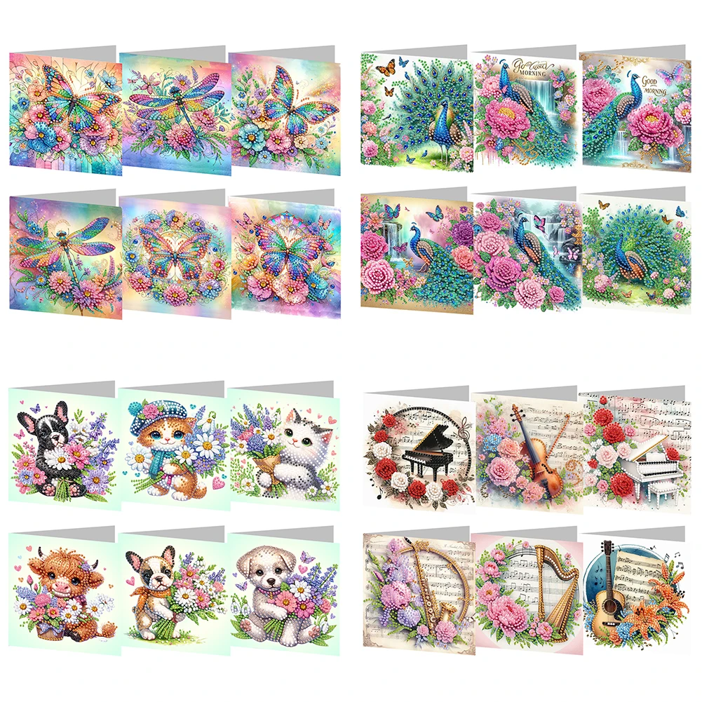 

6Pcs Musical Instrument And Flower Rhinestone Painting Card Kit Diamond Painting Greeting Card for Adults Holiday Friends Family