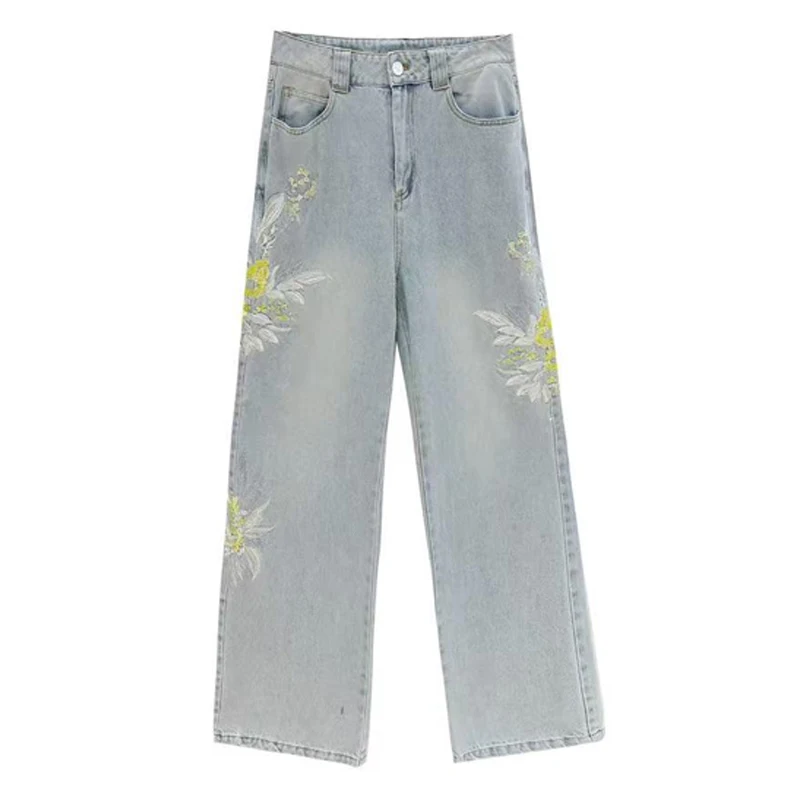 Spring 2025 High Waist Straight Leg Jeans Women's Faion Casual Versatile Embroidered Flower Slimming Wide Leg Pants