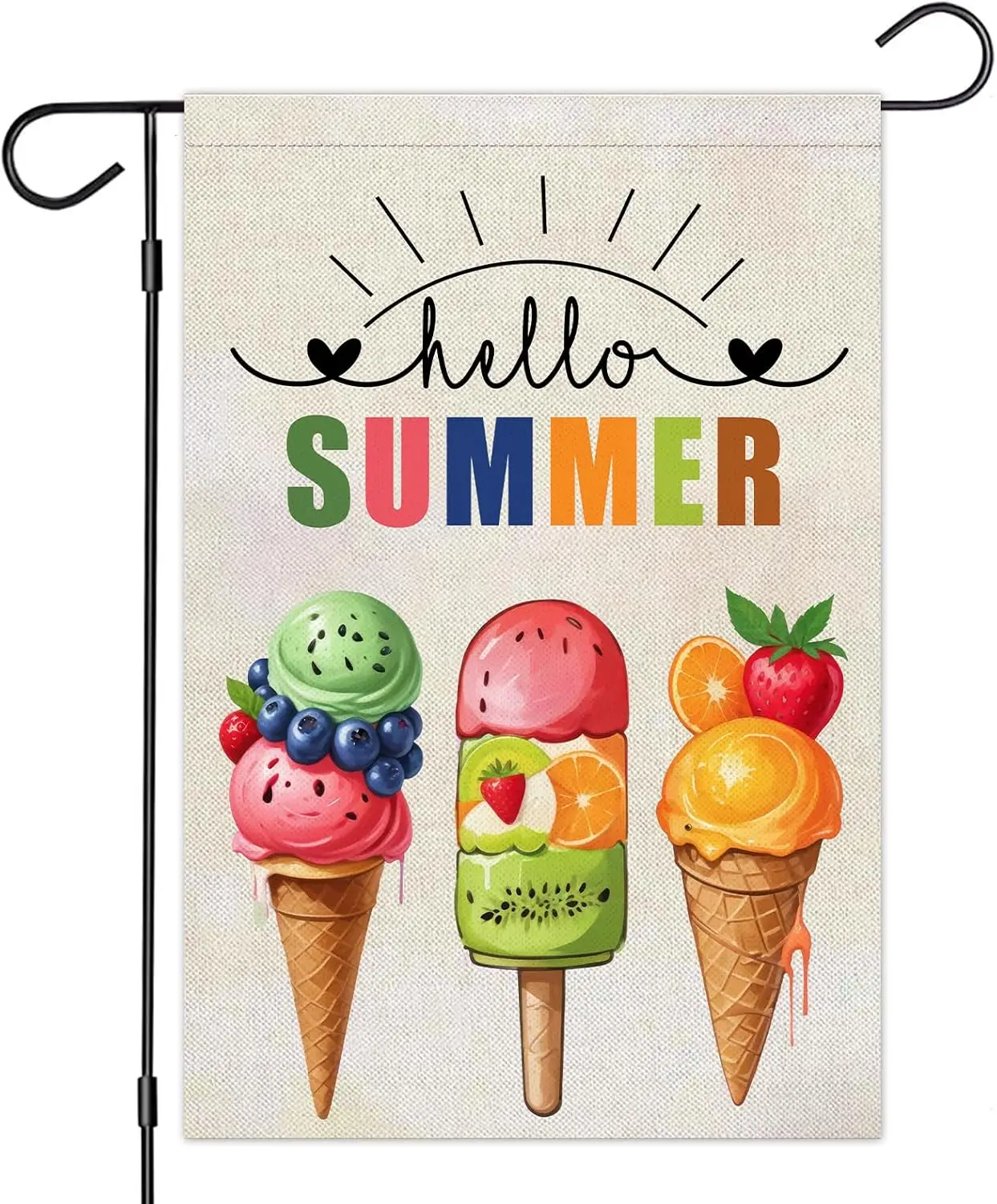 Hello Summer Garden Flag - Ice Cream Design - Funny Summer Flag - Design 12x18 Inch - Gift Outside Home Decor, Off White ZZA SSL