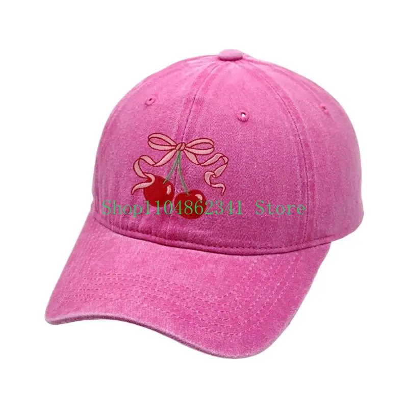 652F Adjustable Wash Cotton Baseball Caps with Bowknot Cherry Design Sun Protective Headwear for Women Girl Outdoor Activity